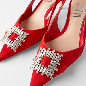 Red slingback leather Heels with Brooch